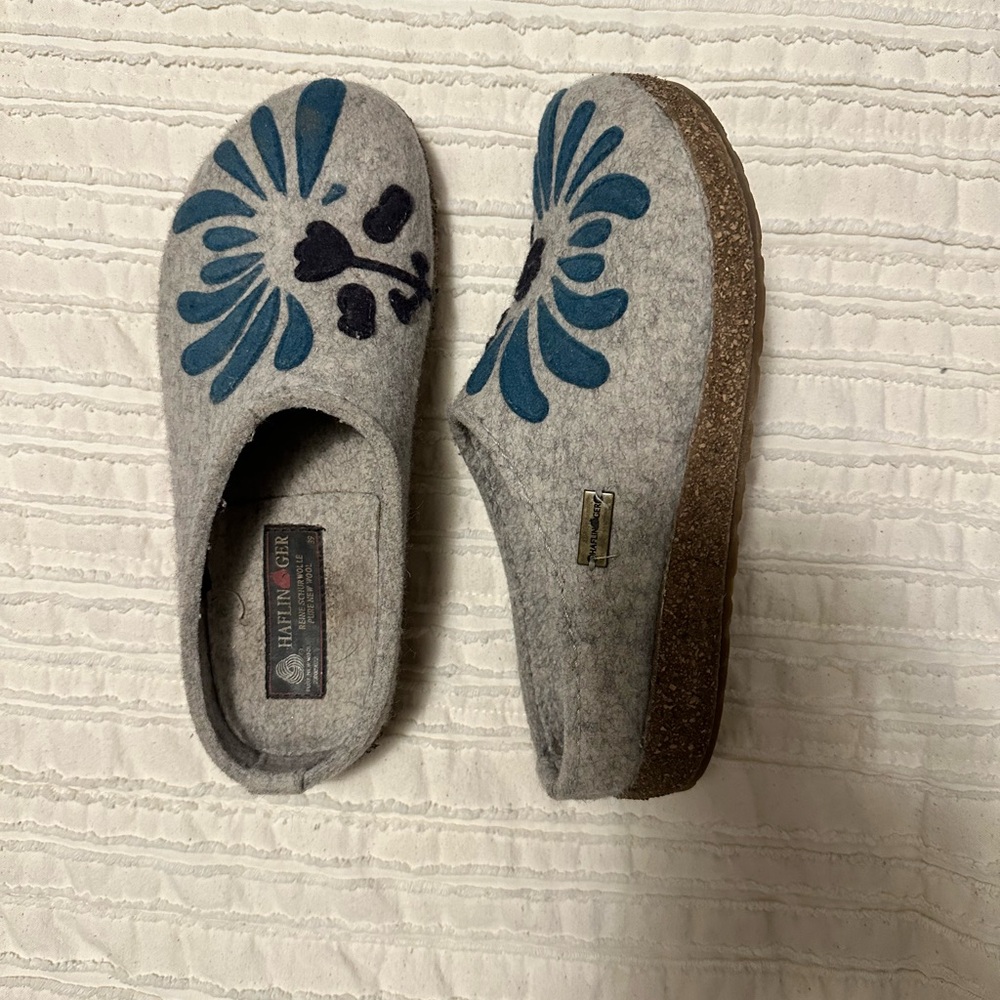 Haflinger Gray Slippers with Blue Floral Design